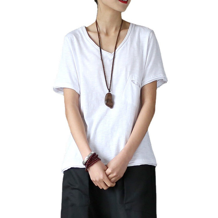 Artistic Tianzhu Cotton Short Sleeve Worn Looking Washed-out V-neck T-shirt