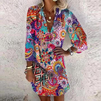 Summer V-neck Hanging Long Sleeve Printed Beach Bohemian Style Short Loose Dress Women