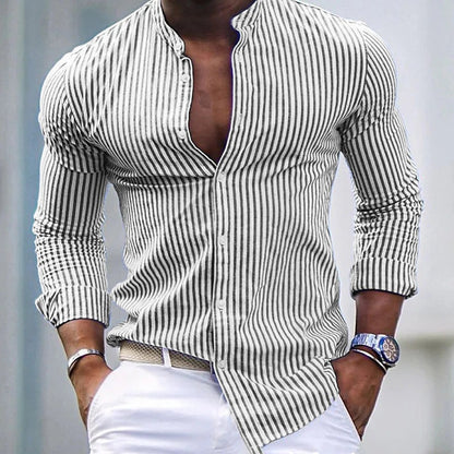 Casual Striped Youth Long Sleeve Shirt European Size Stand Collar Cardigan Shirt