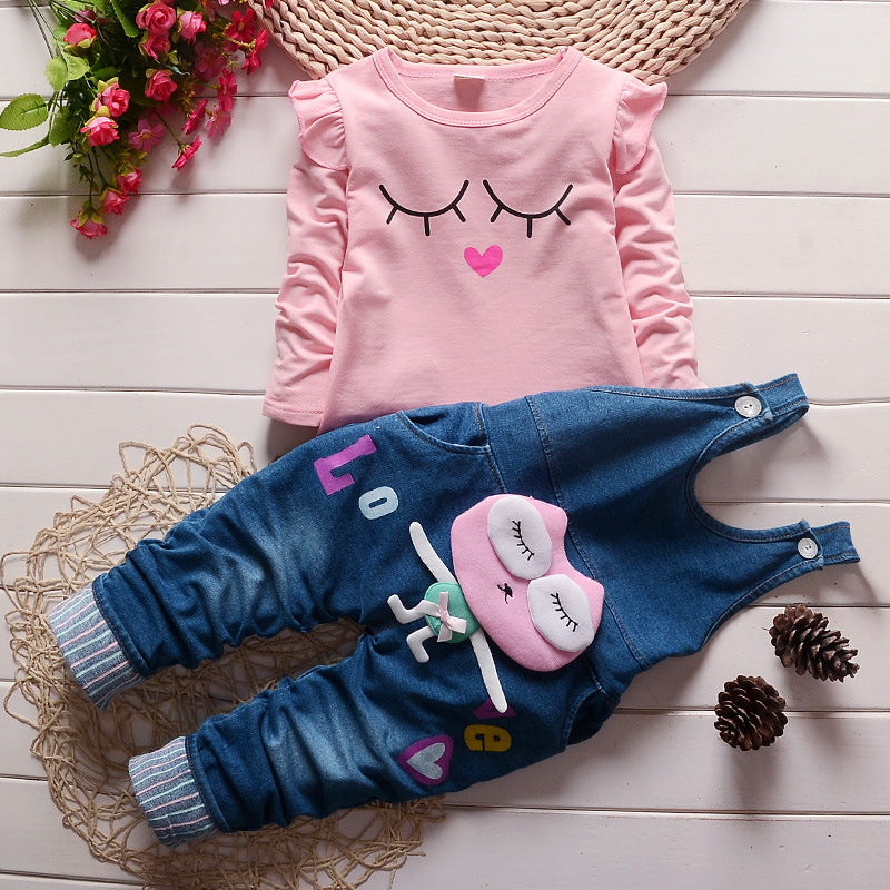 Girls Korean cotton sweater denim bib two-piece suit