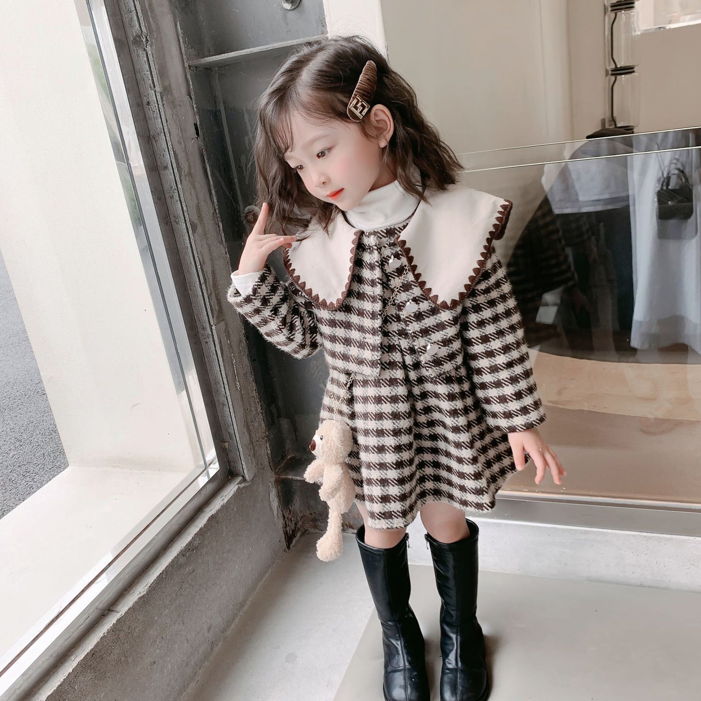 Costume d'automne et d'hiver pour fille, manteau en laine à carreaux noir et blanc Preppy