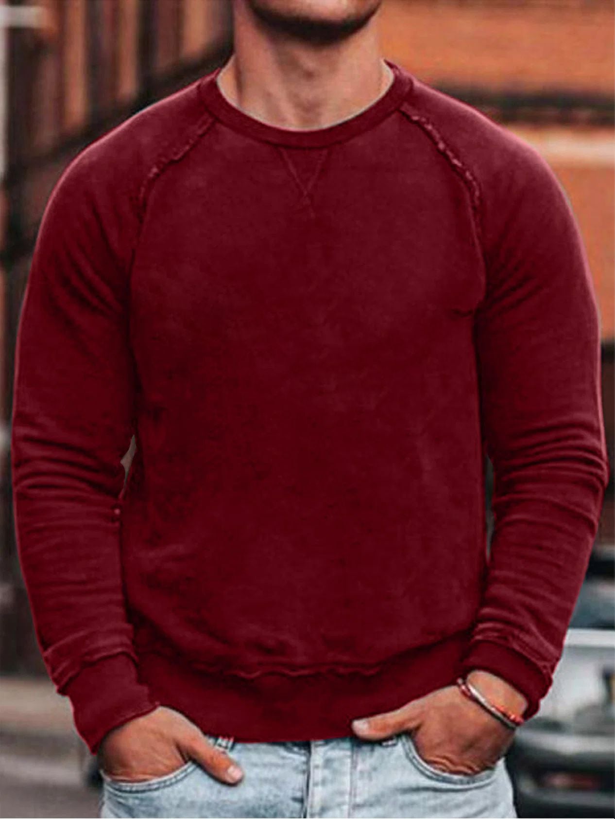 Men's New Round Neck Solid Color Long Sleeve Sweater