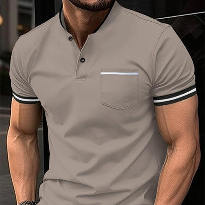 Men's Solid Standing Collar Pocket Short Sleeved