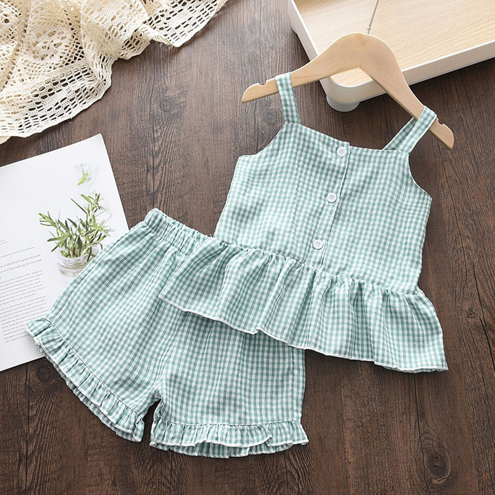 Two-piece Ruffled Plaid Suspender Top And Shorts