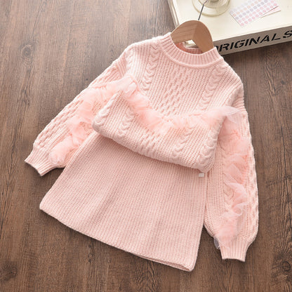 Autumn and winter new Korean girls' sweaters fashionable two-piece suits, small and medium-sized children's foreign-style sweater skirts, a consignment