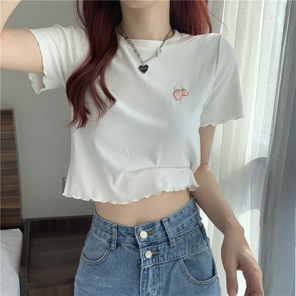 Short Sleeve Embroidered Wooden Ear Slim T-shirt