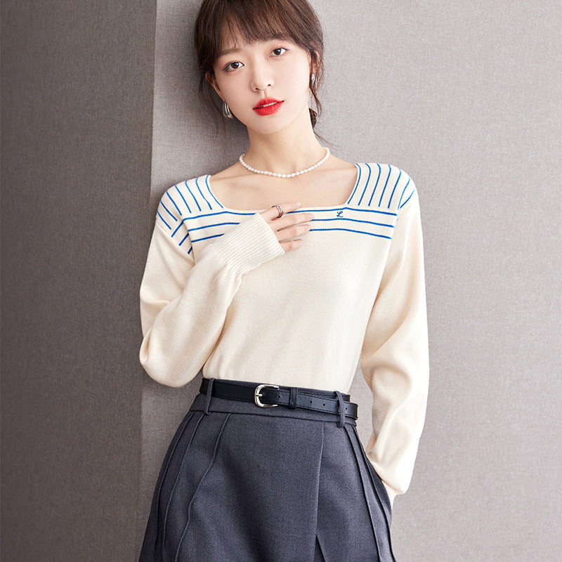 French Sailor Blue Striped Square Collar Sweater Retro Navy Style