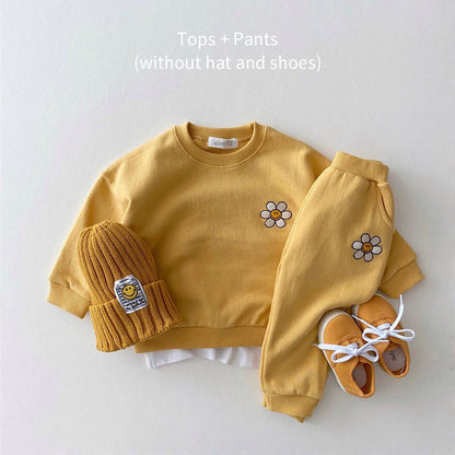 Cartoon Embroidered Flower Casual Sweater Set