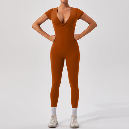 European And American Sexy Nude Feel Short Sleeve Yoga Jumpsuit