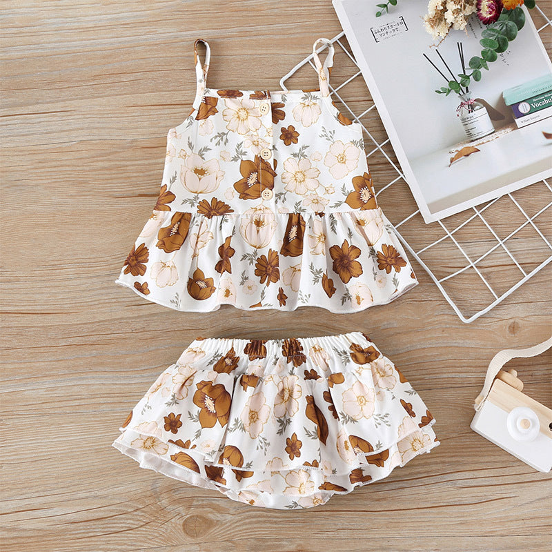 Printed Girls' Ruffled Suspender Shorts Two-piece Set