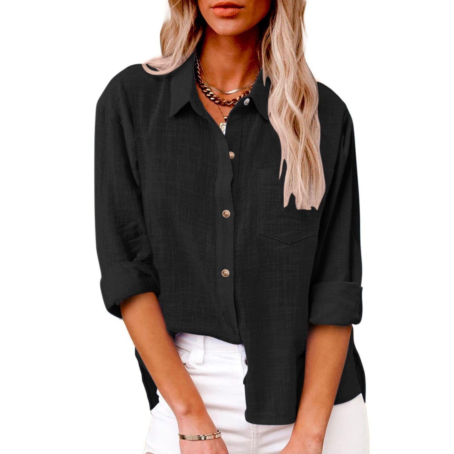 Pocket Split Cotton And Linen Long-sleeved Shirt