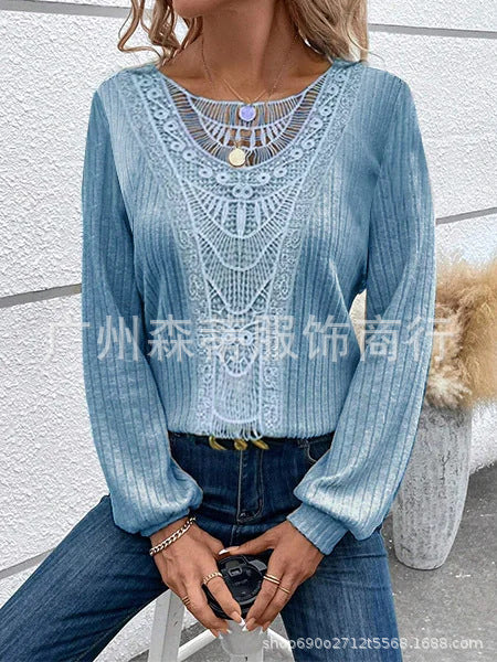 Women's Long-sleeved T-shirt Stitching Lace Top