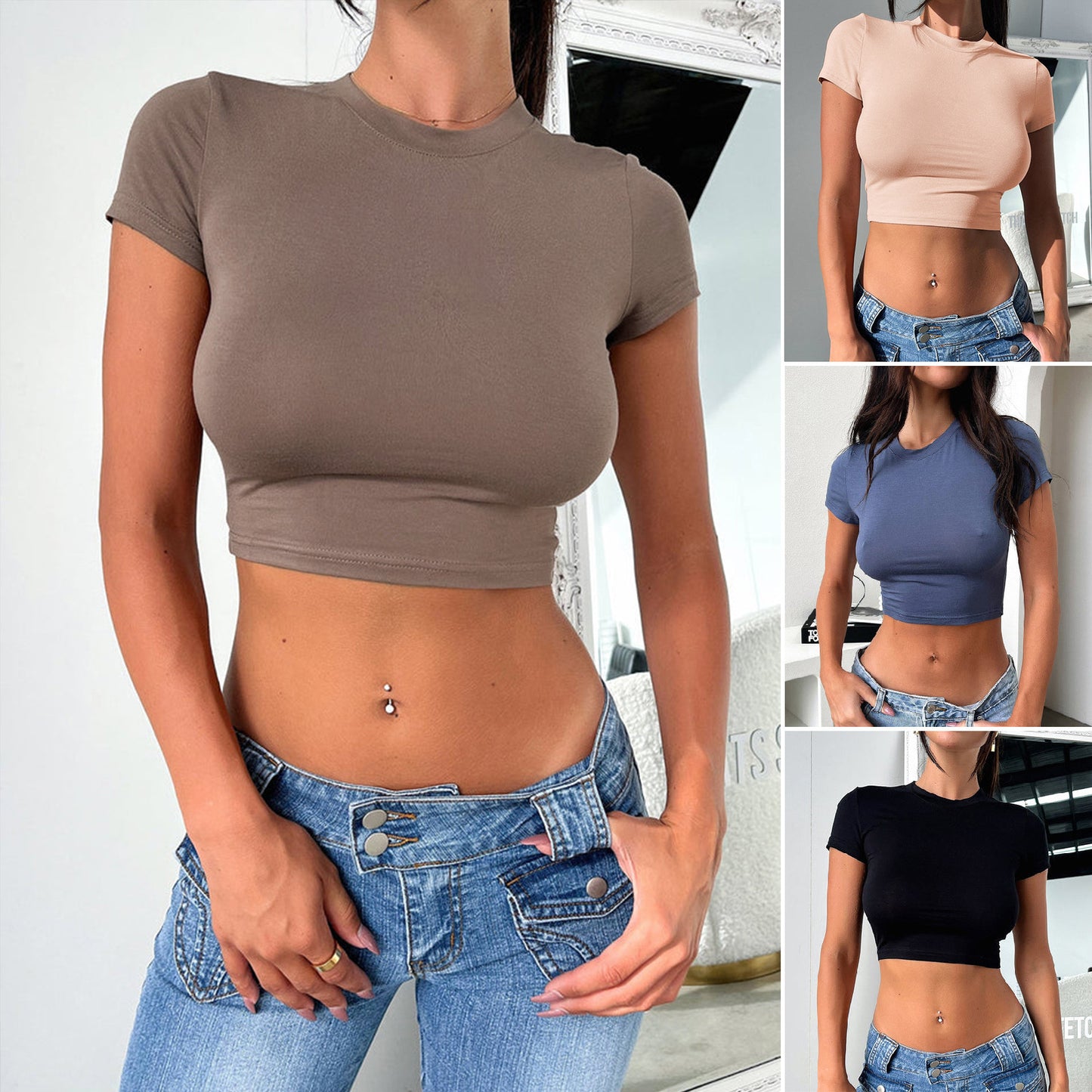 Women's Slim Fit Midriff-baring Short-sleeved Top