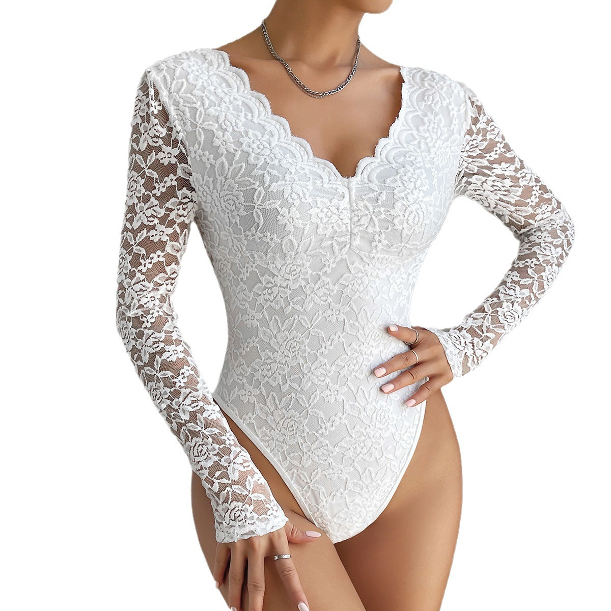 Solid Color Lace Long Sleeve Hot Girl See-through Slim-fit Jumpsuit