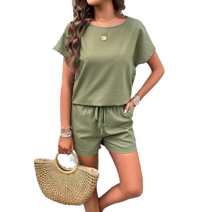 Women's Fashion Solid Color Casual Short Sleeve Shorts Suit