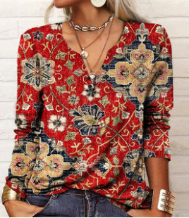 Long Sleeved Geometric Flower Mang U-neck Button Up T-shirt For Women