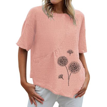 Dandelion Printed Pocket Retro Collapsed Short Sleeve Round Neck Shirt