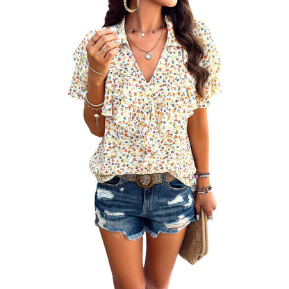 Women's Elegant Printed Ruffled Top