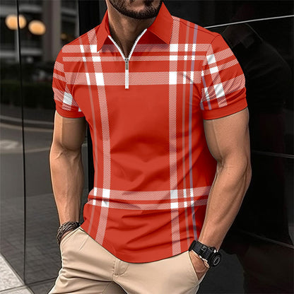 Men's Printed Plaid Striped Polo Shirt