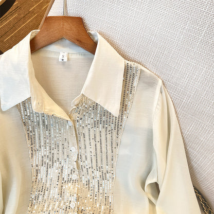 Shirt Sequined Long Sleeve White Women