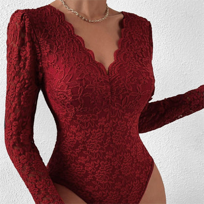 Solid Color Lace Long Sleeve Hot Girl See-through Slim-fit Jumpsuit