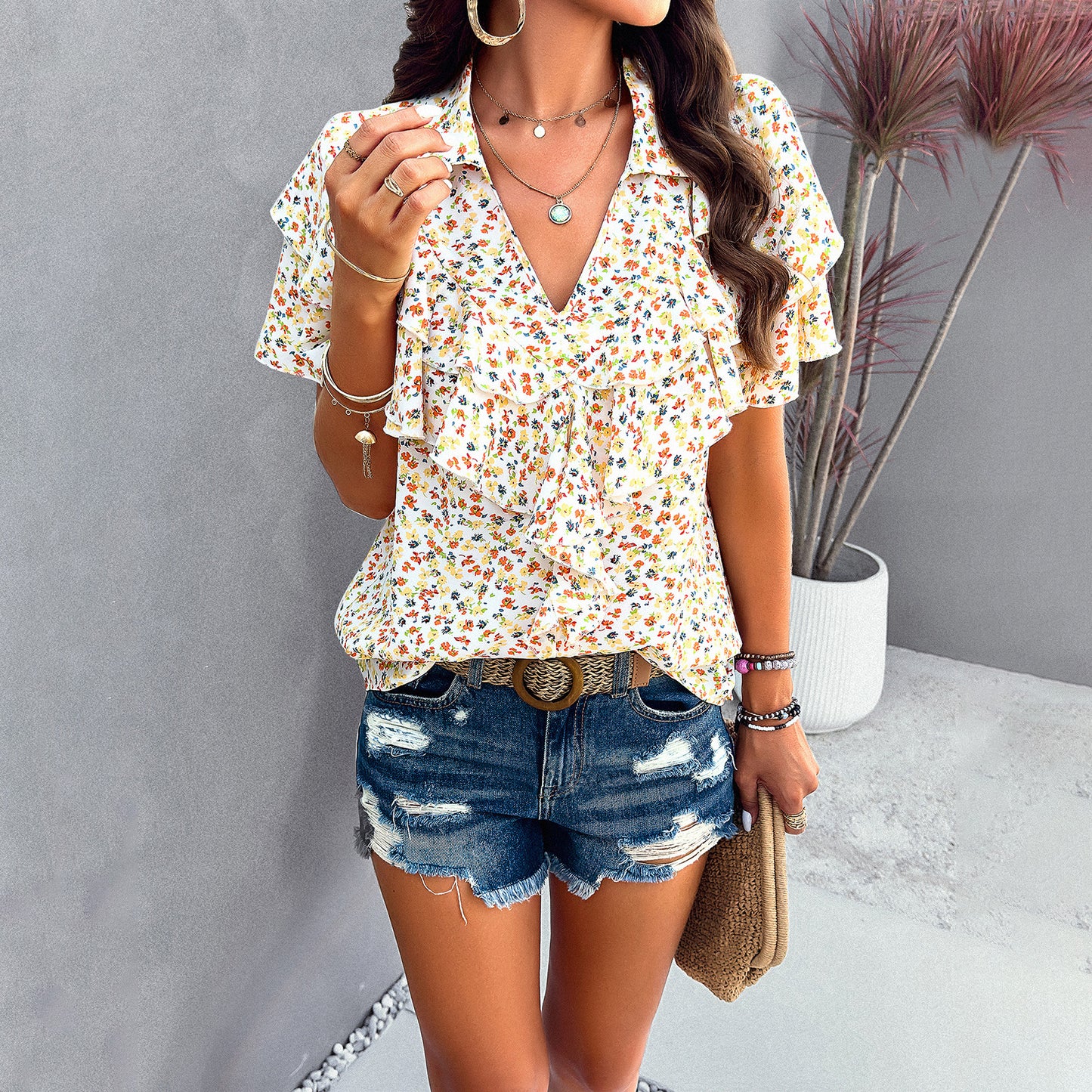 Women's Elegant Printed Ruffled Top