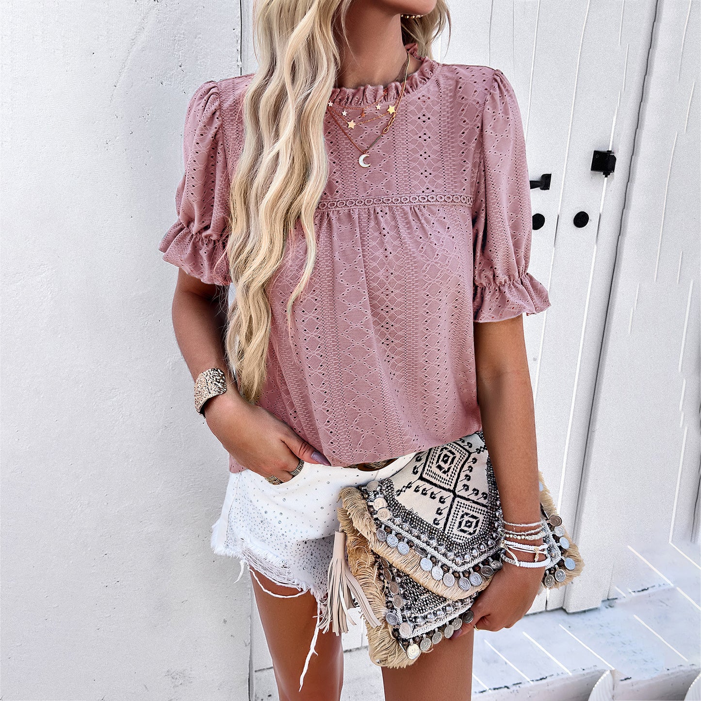 Women's Solid Color Short-sleeved Hollow-out Top