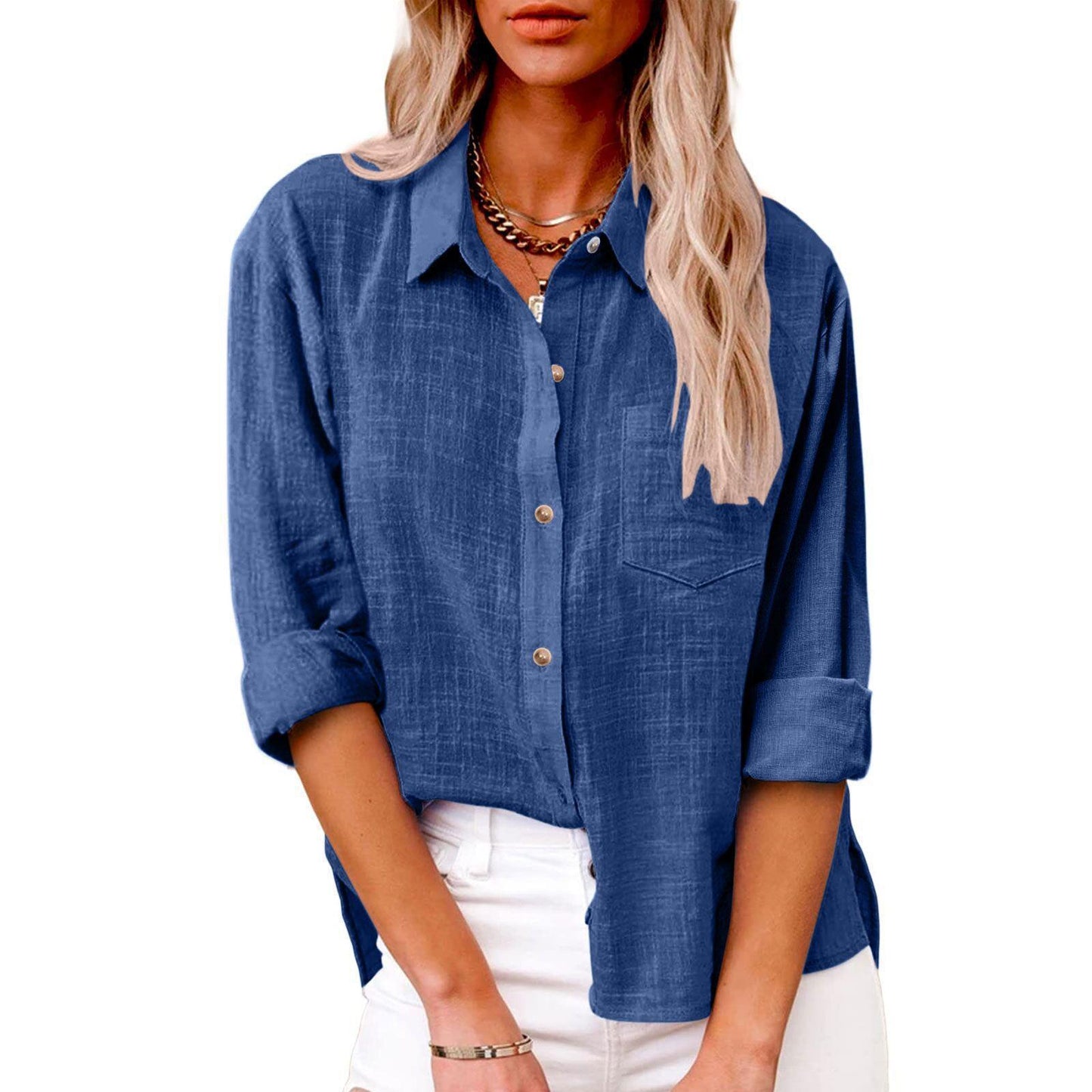 Pocket Split Cotton And Linen Long-sleeved Shirt