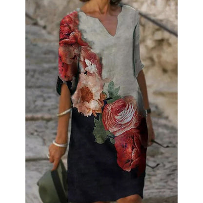 Flower Print Rendering V-neck Half Sleeves Mid-waist Pullover A- Line Skirt Dress