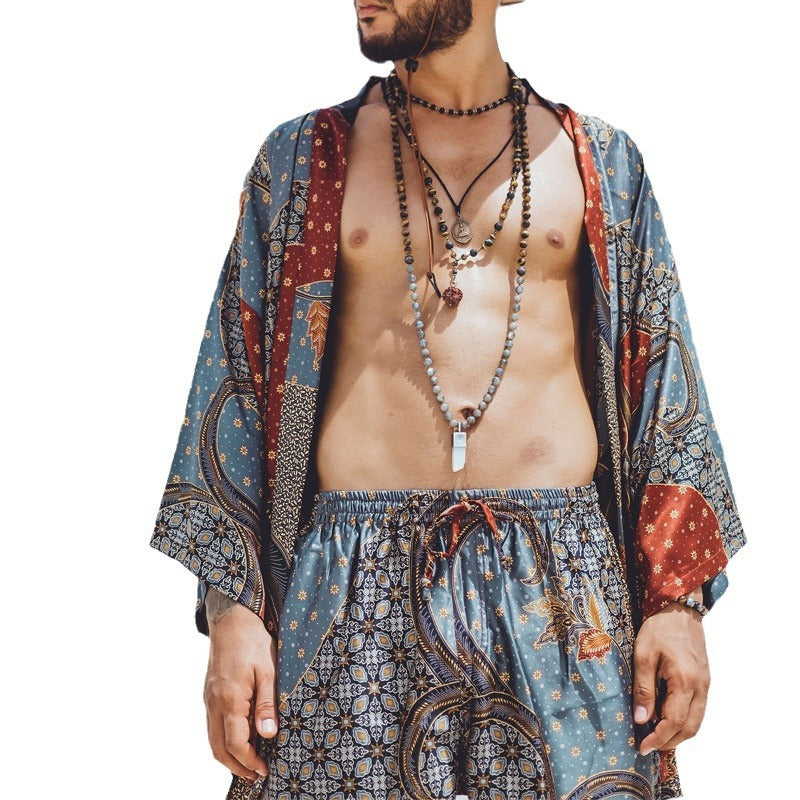 Men's Casual Printed Cardigan Shorts Two-piece Set