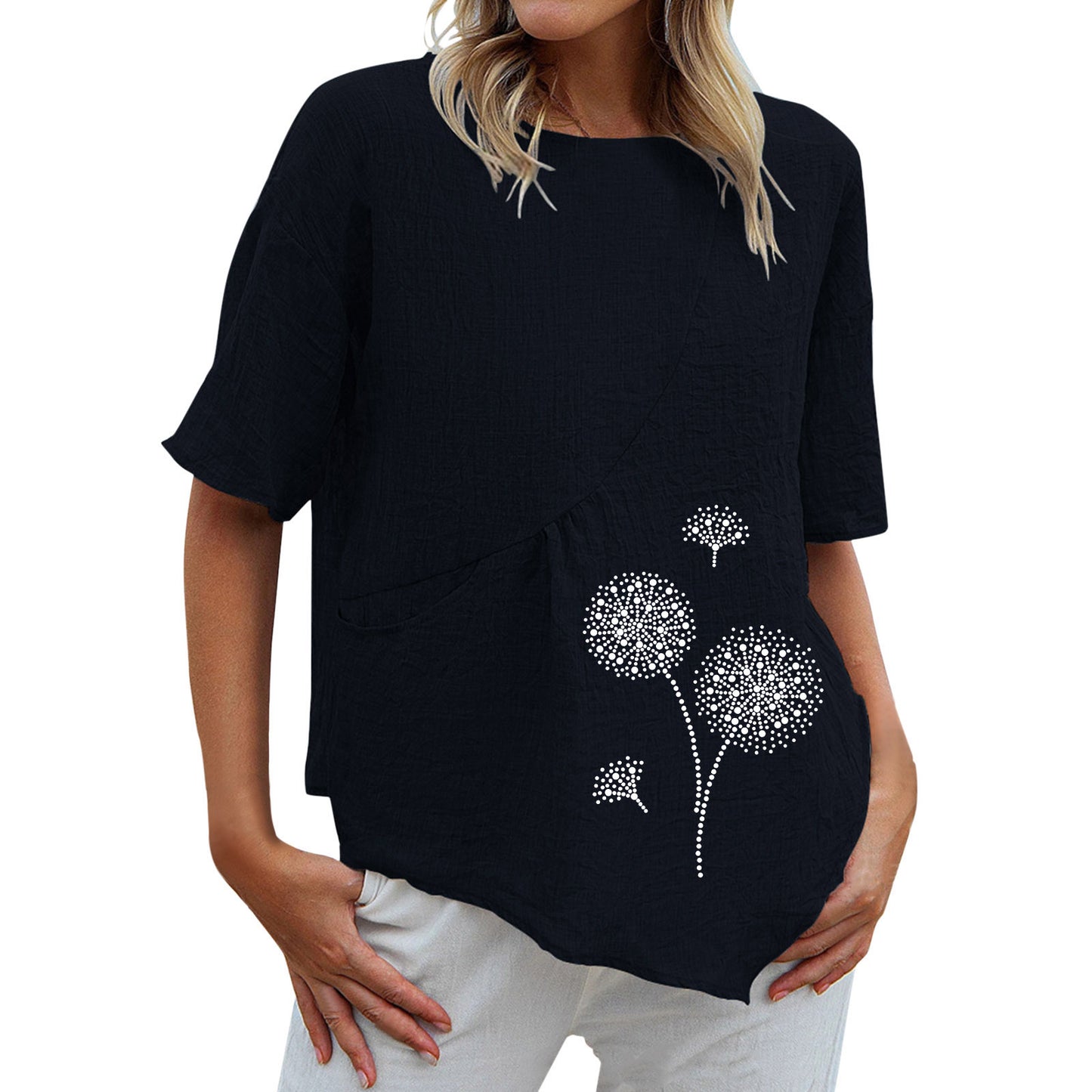 Dandelion Printed Pocket Retro Collapsed Short Sleeve Round Neck Shirt