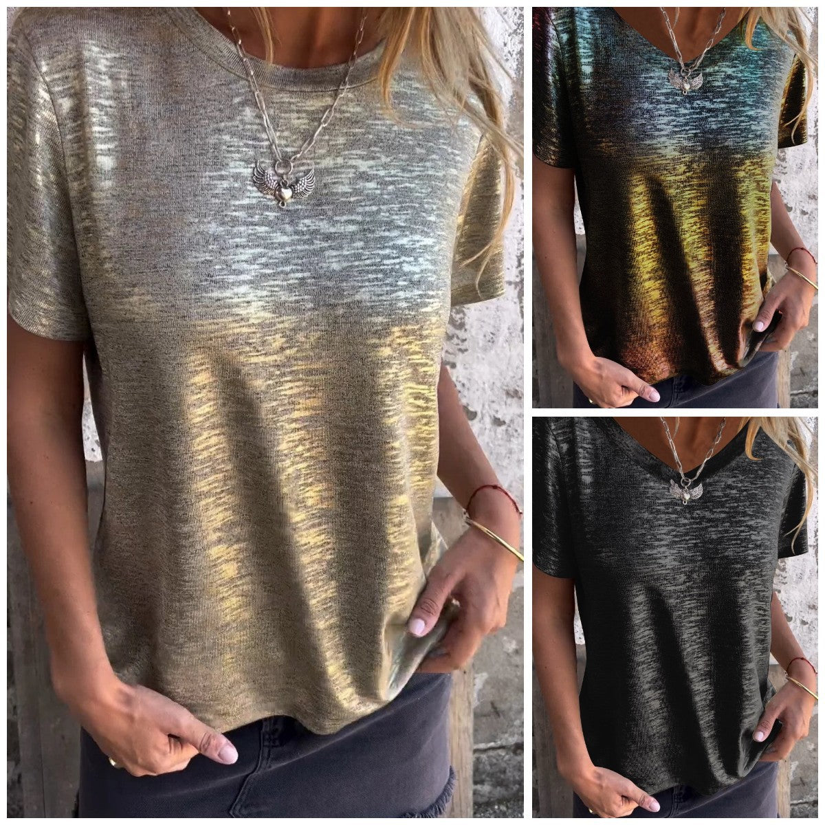 Women's Fashion Casual Sequin Short Sleeve Round Neck Top