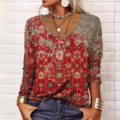 Long Sleeved Geometric Flower Mang U-neck Button Up T-shirt For Women