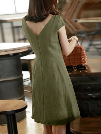 Back Large V Hollow Round Neck Solid Color Short Sleeve Cotton And Linen Dress