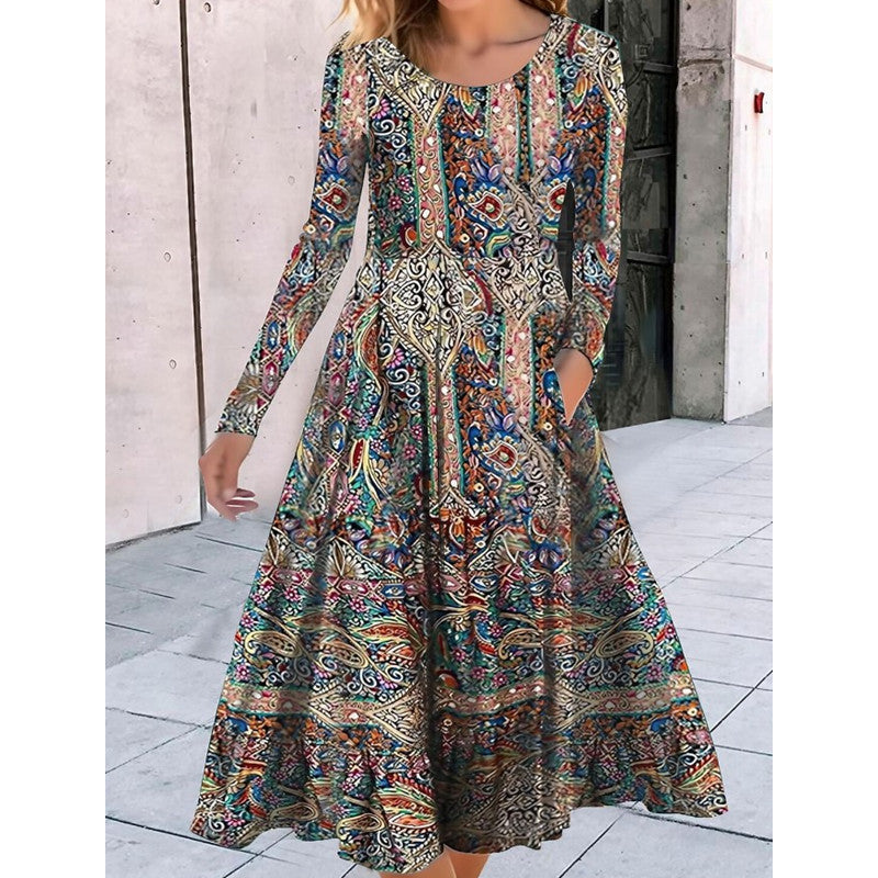 Geometric Pattern Printed Large Swing Dress