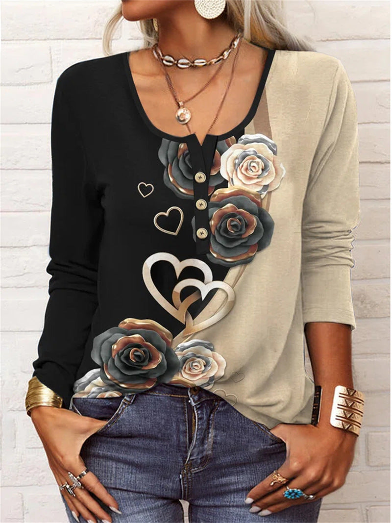 Long Sleeved Geometric Flower Mang U-neck Button Up T-shirt For Women