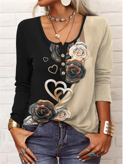 Long Sleeved Geometric Flower Mang U-neck Button Up T-shirt For Women