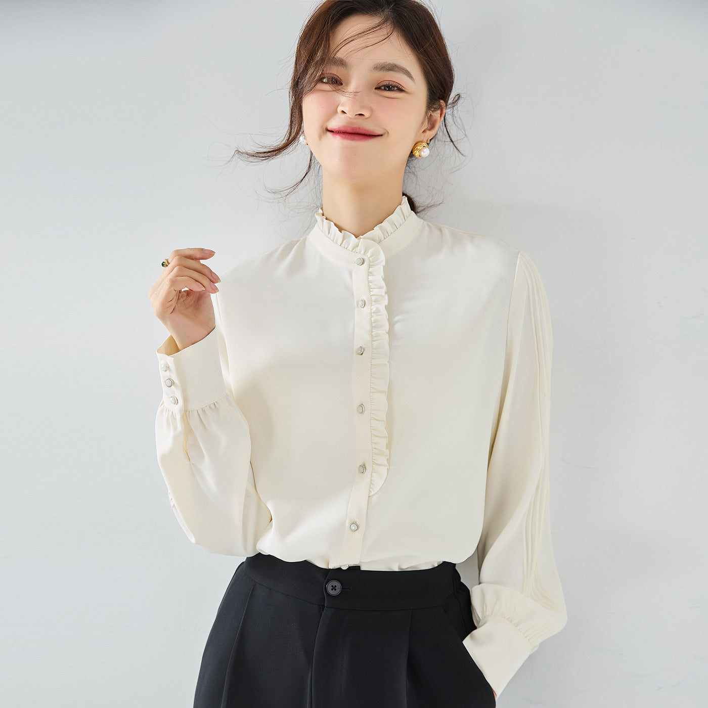 New Elegant French Chiffon Shirt Ruffled Collar Top