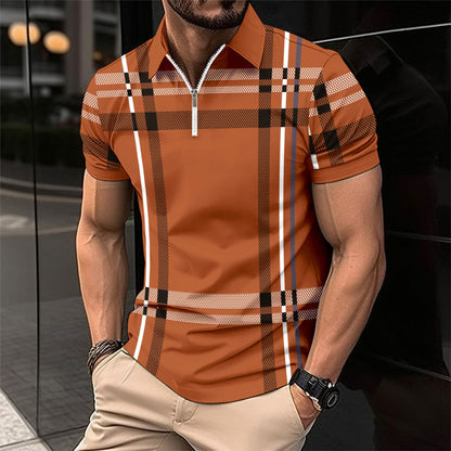 Men's Printed Plaid Striped Polo Shirt