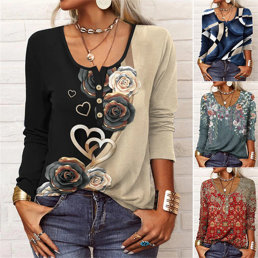 Long Sleeved Geometric Flower Mang U-neck Button Up T-shirt For Women