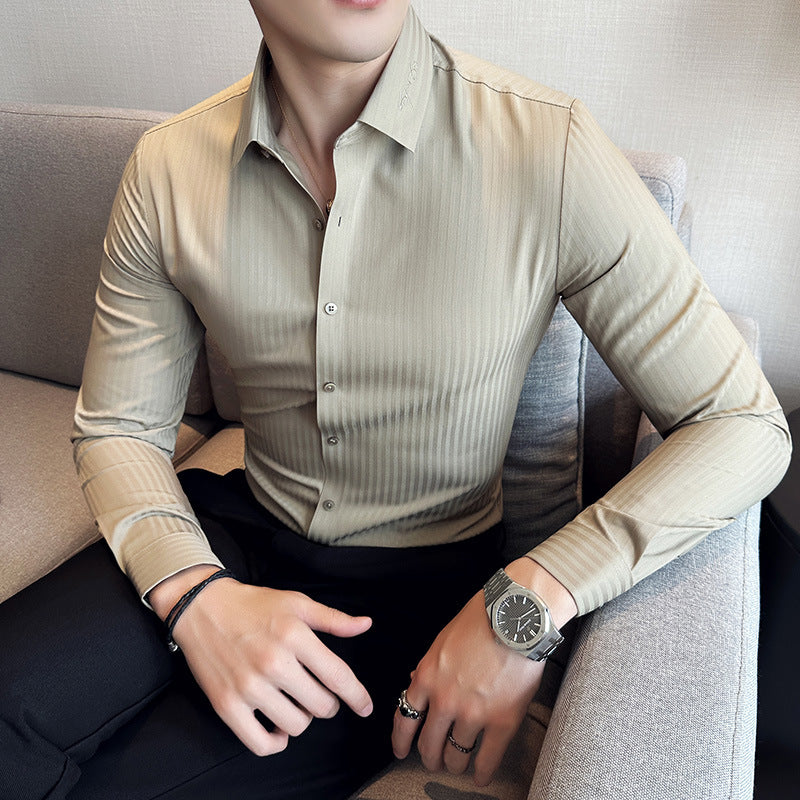 Men's High-quality Dark Striped Long-sleeved Seamless Shirt