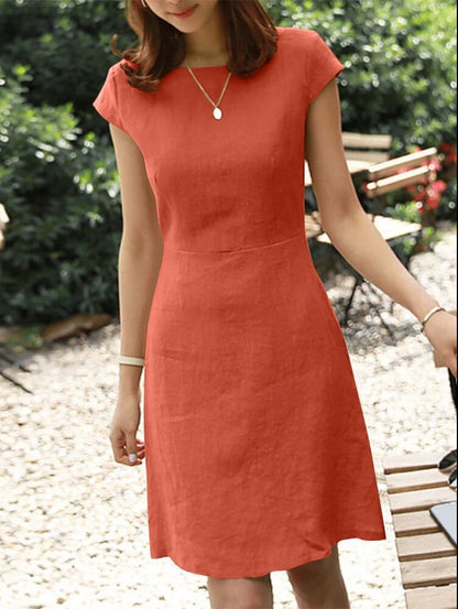 Back Large V Hollow Round Neck Solid Color Short Sleeve Cotton And Linen Dress