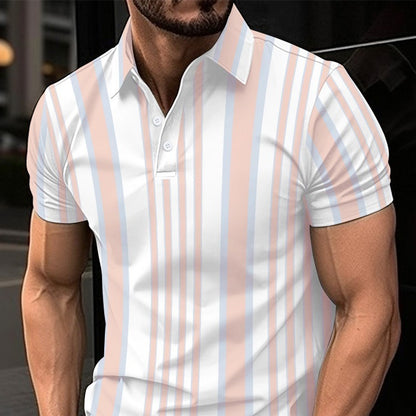 Men's Button Polo Shirt Striped Printed Short Sleeve