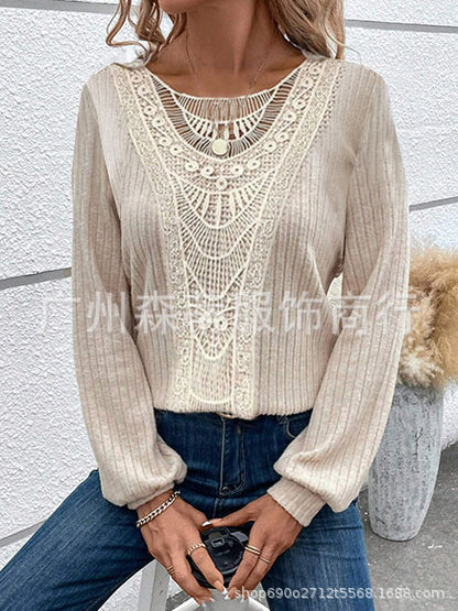 Women's Long-sleeved T-shirt Stitching Lace Top