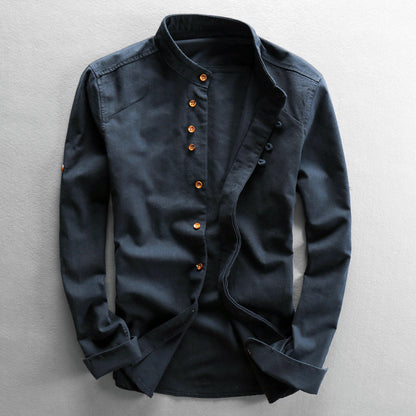 Chemise en lin décontractée pour hommes, col montant de style chinois