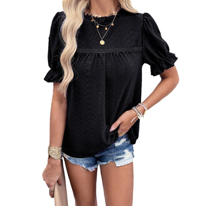 Women's Solid Color Short-sleeved Hollow-out Top