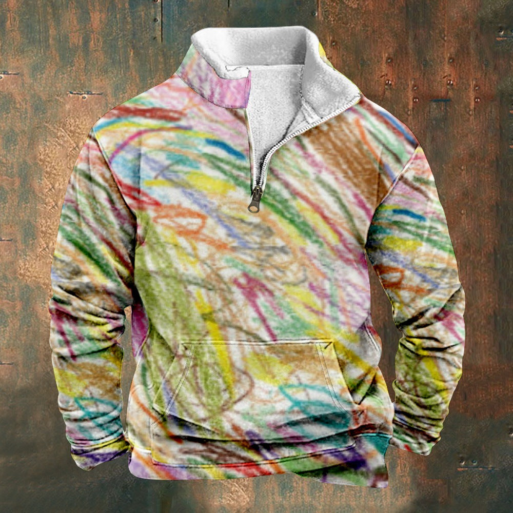 Cross Border Digital Printing Long Sleeve Stand Collar Half Zip Sweater Inner Cut