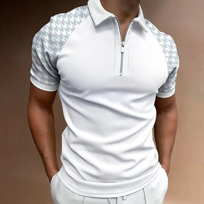 Men's Polo Shirt Short Sleeve Color Matching Plaid Zipper