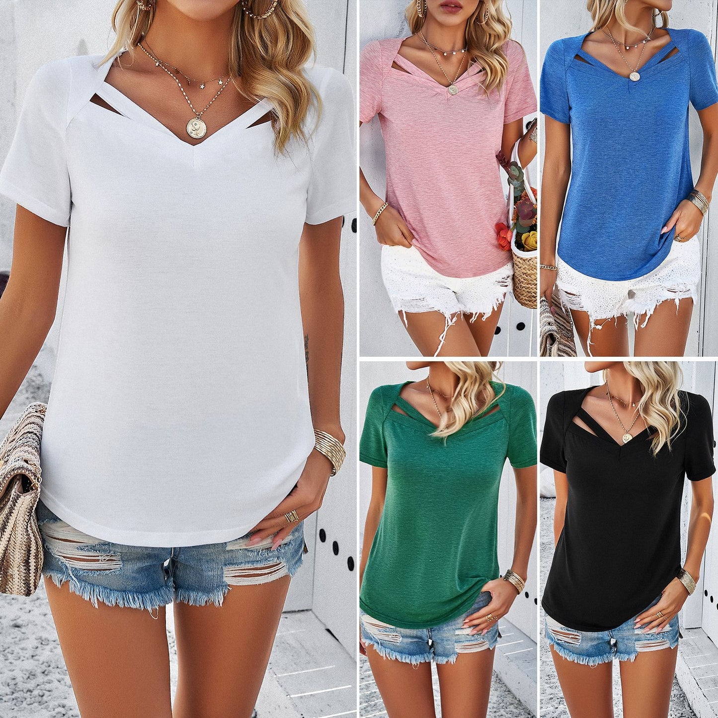 Women's Solid Color And V-neck T-shirt