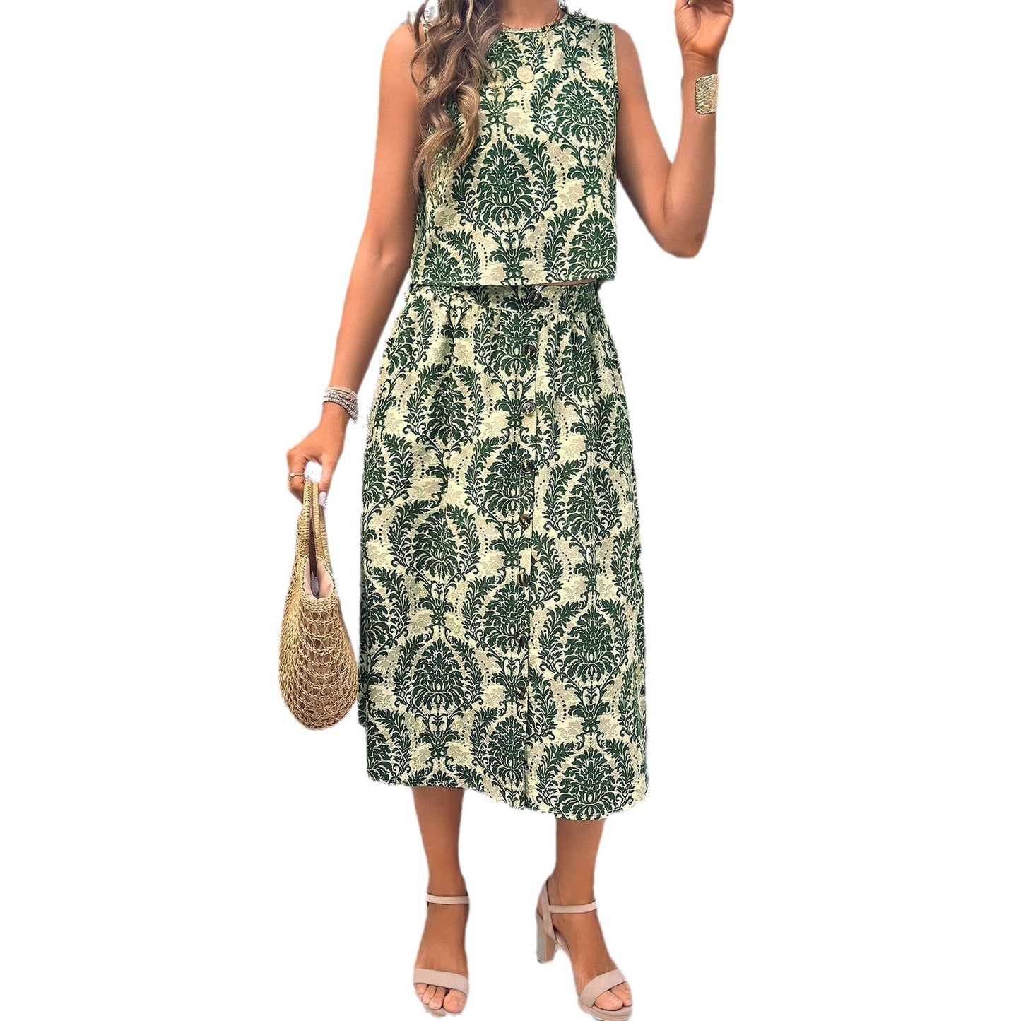 Women's Fashion Temperament Leisure Printed Vest Mid-length Dress Set